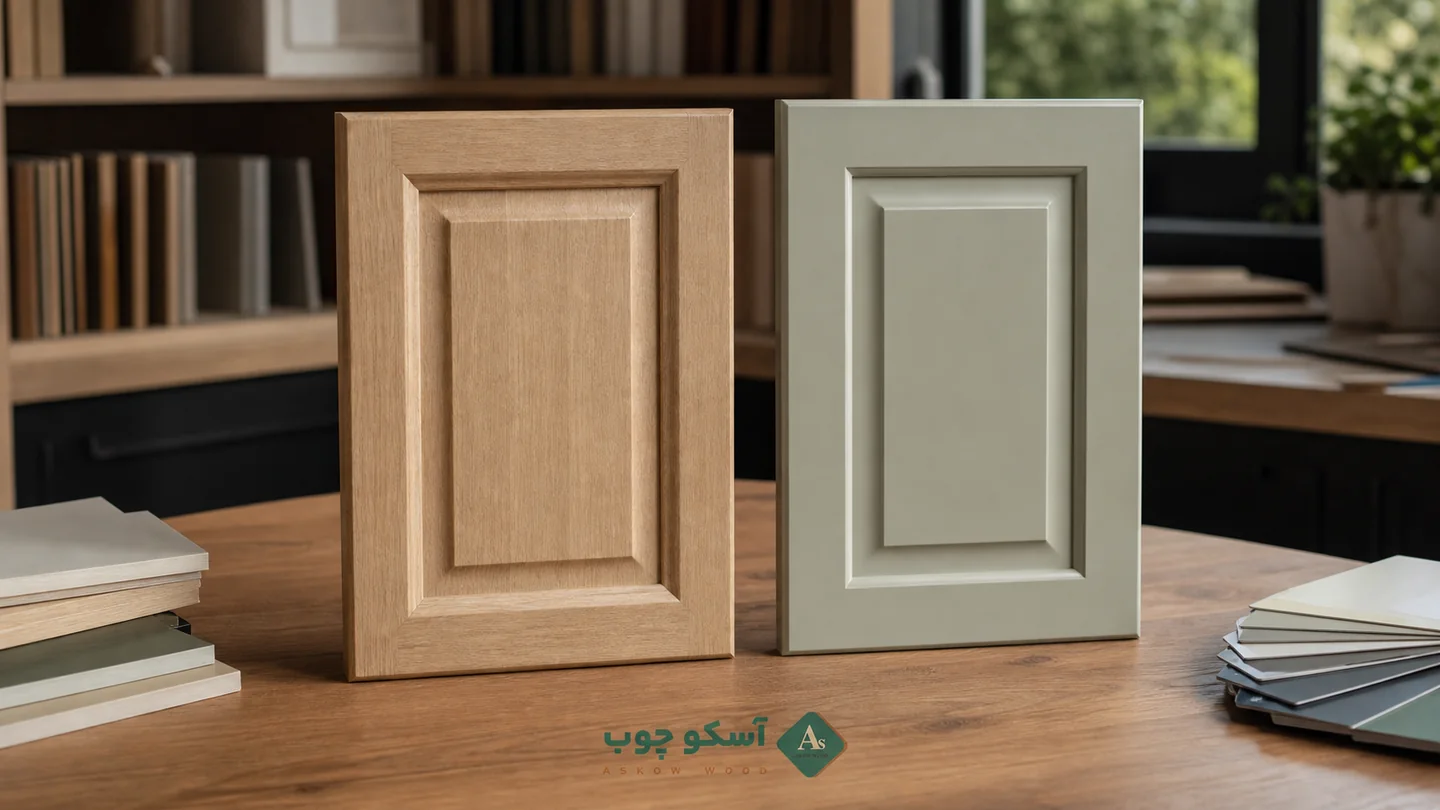 مقایسه نمونه درب کابینت با روکش PVC و رنگ پلی‌اورتان آسکو چوب