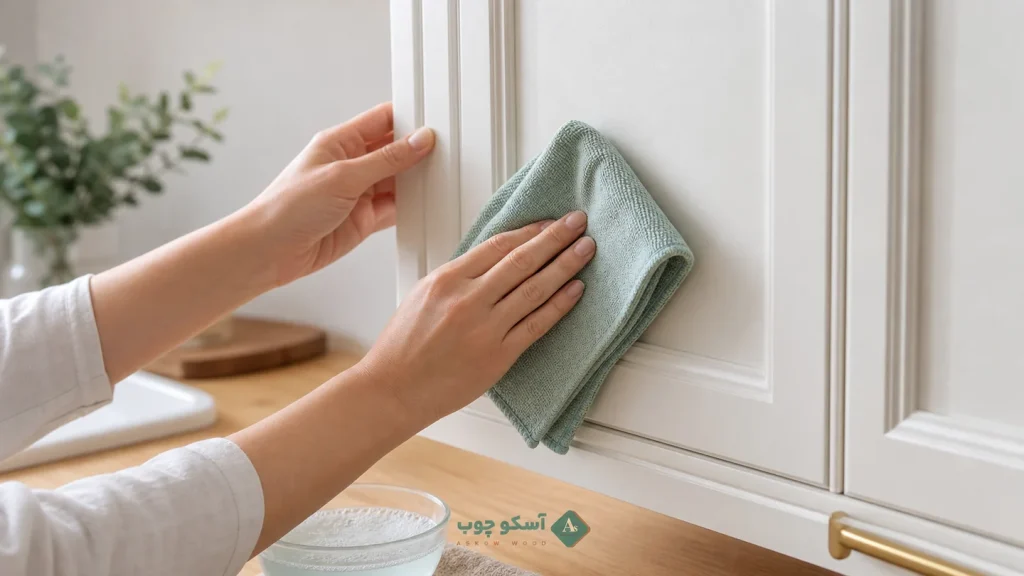 تمیزکردن ملایم درب کابینت ممبران با دستمال نرم و لوگوی آسکو چوب