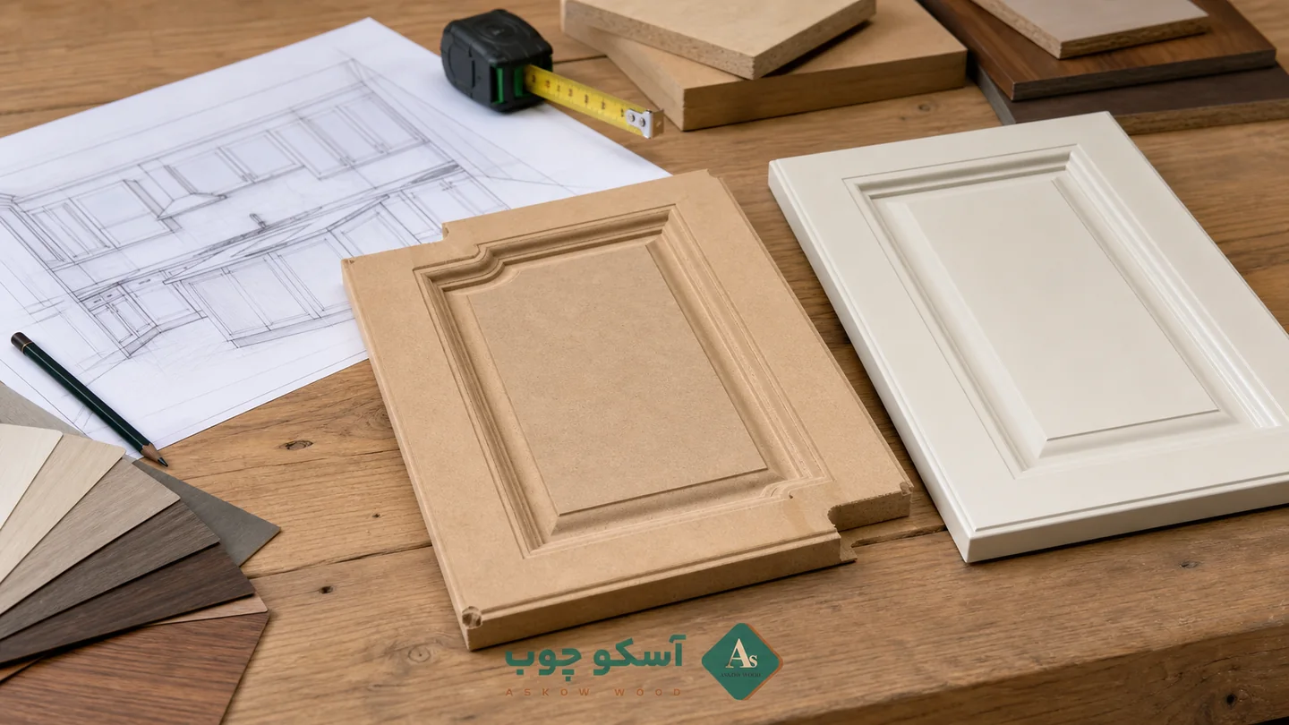 نقشه، نمونه MDF و قطعه نهایی در فرآیند سفارش آسکو چوب